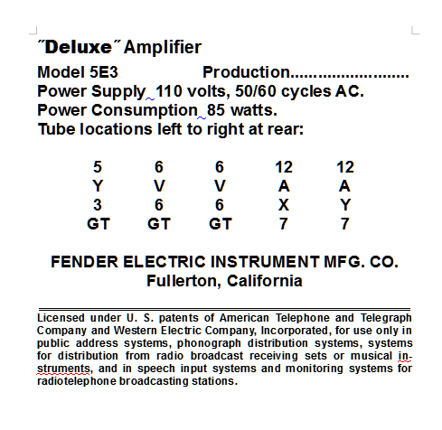 Fender Deluxe Tube Chart