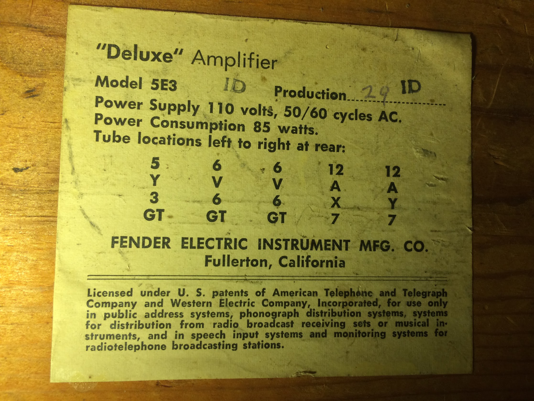 Fender Deluxe Tube Chart